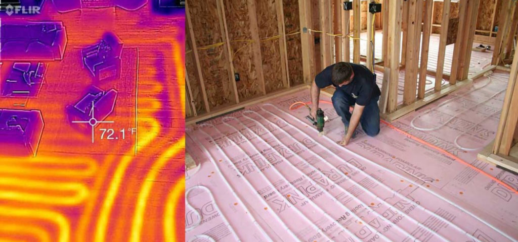 Split image of floor heating system installation and an infrared image of the heated floor.